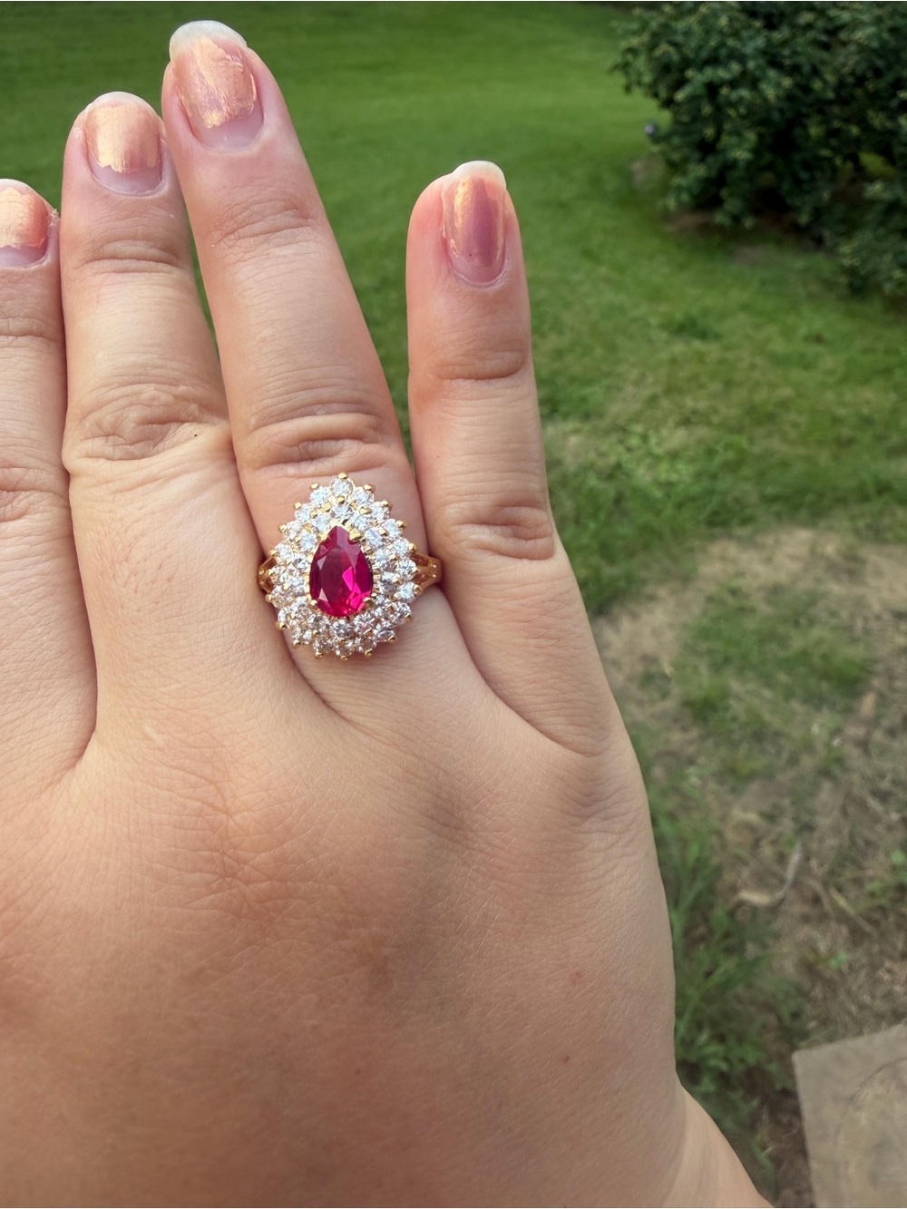 Vintage Pear-Shaped Faux Ruby and Diamond Ring Size 8 - Picture 3 of 4